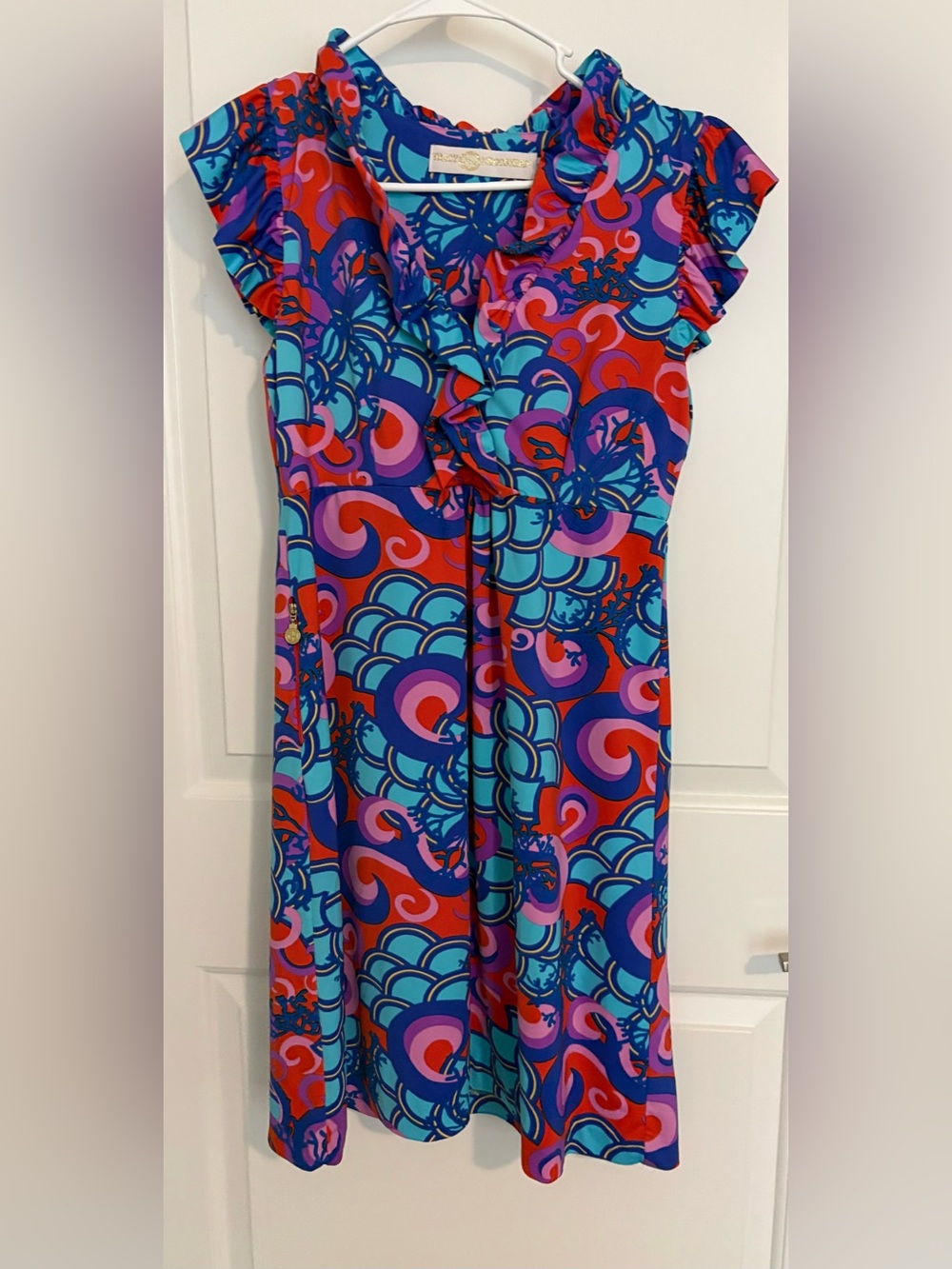 Tracy Negoshian Vibrant Abstract Print Ruffle Dress - Blue, Pink & Red NWOT